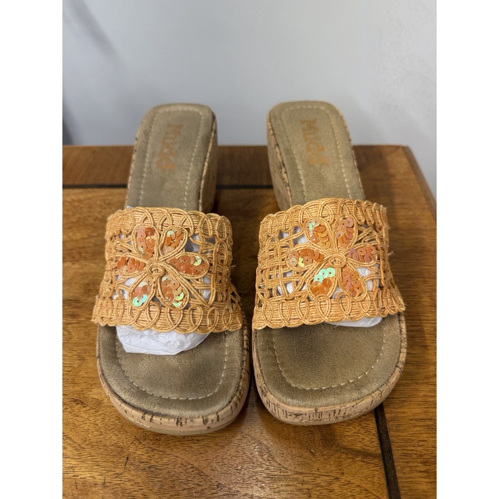 Vtg 90s Mudd Y2K 8.5-9 Orange Slide Woven Wedge Cork Platform Sandals Chunky